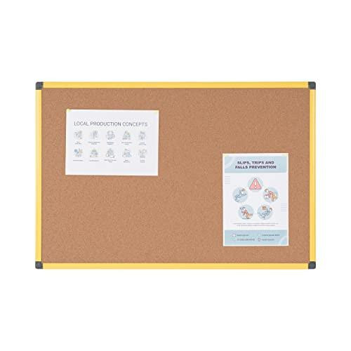 Bi-Office Ultrabrite Cork Board 90 x 60 cm with Yellow Aluminium Frame, showing a cork surface with informational papers pinned on it.