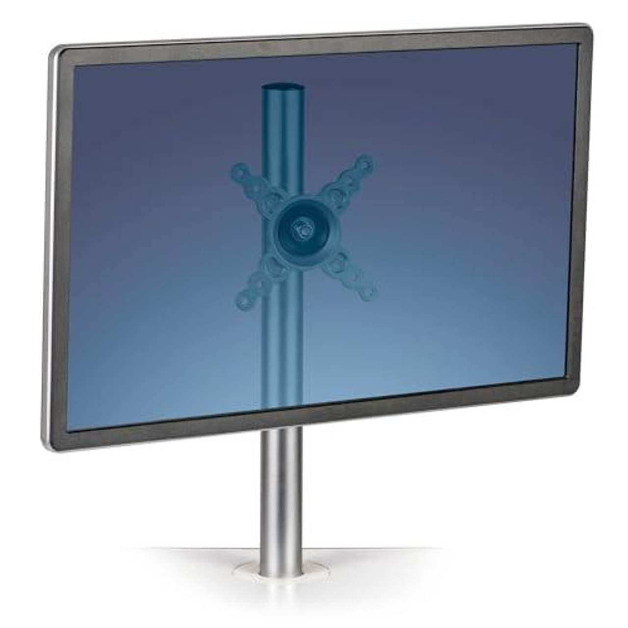 Fellowes Lotus Single Monitor Arm - Adjustable Dual Monitor Mount VESA Compliant - Max Monitor Size 27'' - Max Weight 8KG - Silver, image of a sleek silver monitor mount supporting a flat screen monitor.