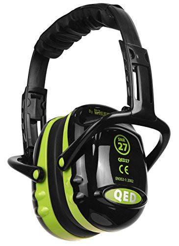 Quality Ear Defender 27db Noise Protection Earmuff, black and green noise-canceling earmuffs with adjustable headband.