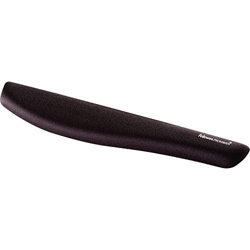 Fellowes PlushTouch Keyboard Wrist Rest, Featuring Microban Antimicrobial Protection, Black, 9252103, image of a black ergonomic wrist support for keyboard users with a cushioned surface.