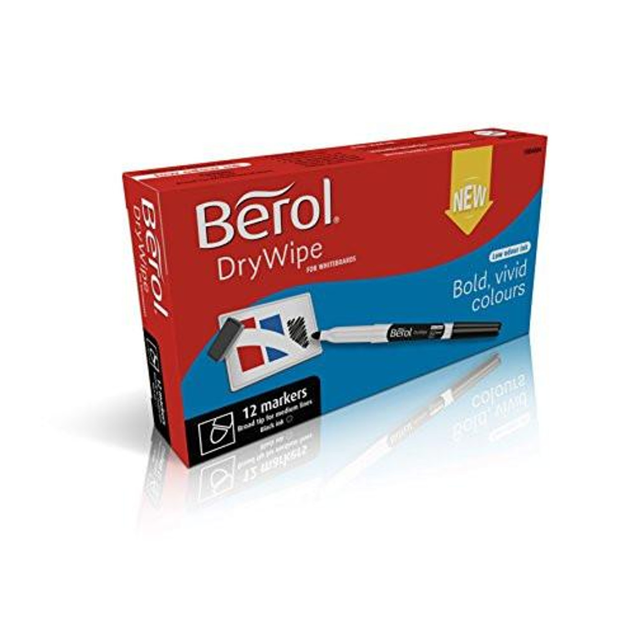 Berol Dry Wipe Whiteboard Marker Pens, package of 12 black broad tip markers with low-odour ink, in red and blue packaging.