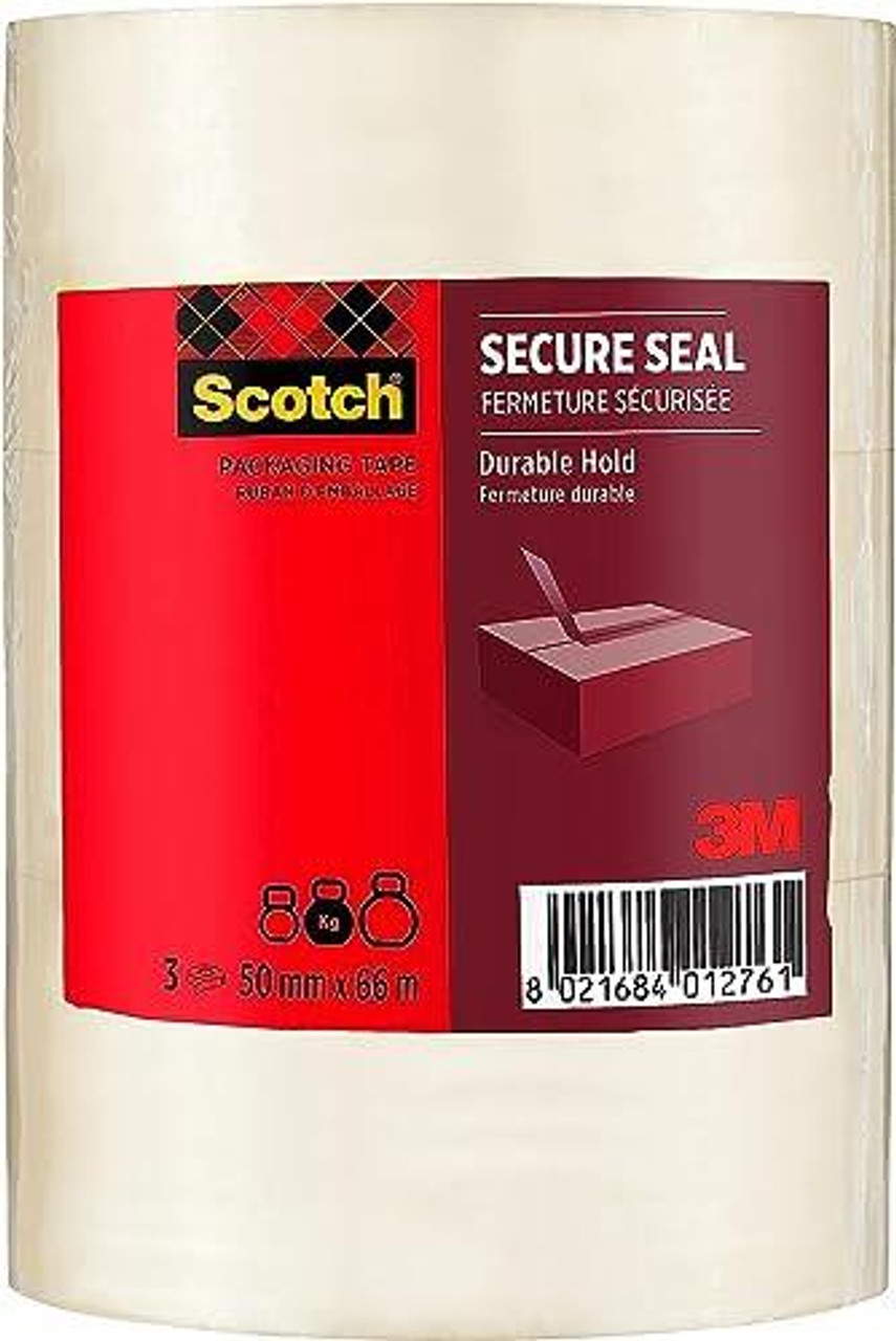Scotch Secure Seal Packaging Tape Transparent 50 mm x 66 m 3 Rolls/Pack, image showing the packaging with a red and white label indicating durable hold and pack of three rolls.