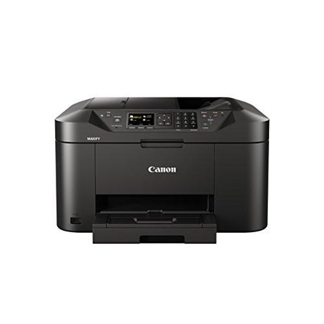 Canon MAXIFY MB2150 Multifunction Colour Inkjet Printer, black home office printer with A4 printing, copying, scanning, faxing capabilities, 250 sheet capacity, 50-sheet ADF, Wi-Fi, cloud link, and USB connectivity.