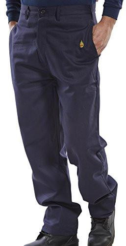 FIRE RETARDANT TROUSERS NAVY BLUE 32, image of navy blue fire resistant trousers with a small flame logo on the side pocket.