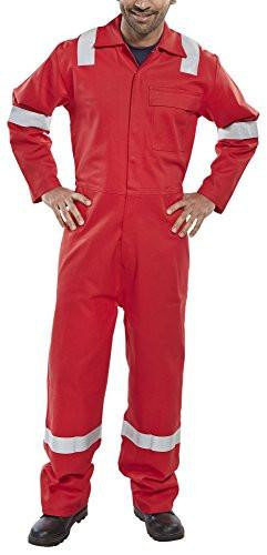 FIRE RETARDANT NORDIC DESIGN BOILERSUIT RED 42, full-body red firefighting boilersuit with reflective gray stripes on shoulders and legs, featuring a front zipper and multiple pockets for safety and utility.