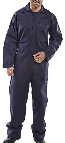 Beeswift CFRBSN48 FIRE RETARDANT BOILERSUIT NAVY BLUE 48, image of a man wearing a navy blue fire retardant boilersuit with a front zipper and chest pocket.