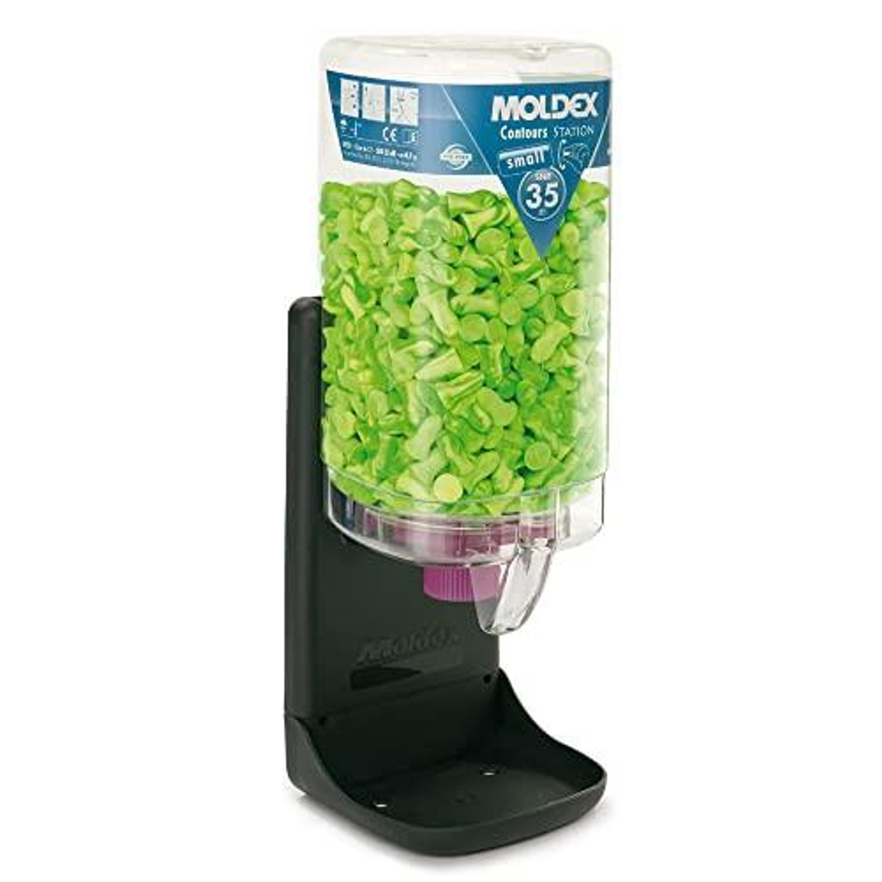 MOLDEX 7453 CONTOURS S DISP500, a wall-mounted green earplug dispenser with a transparent cover displaying green earplugs inside.
