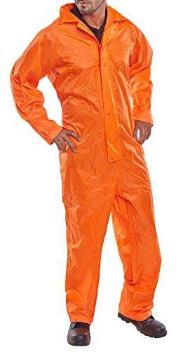 NYLON B-DRI COVERALL ORANGE XXXL, front view of a man wearing a bright orange waterproof coverall suit with hood and zippers.