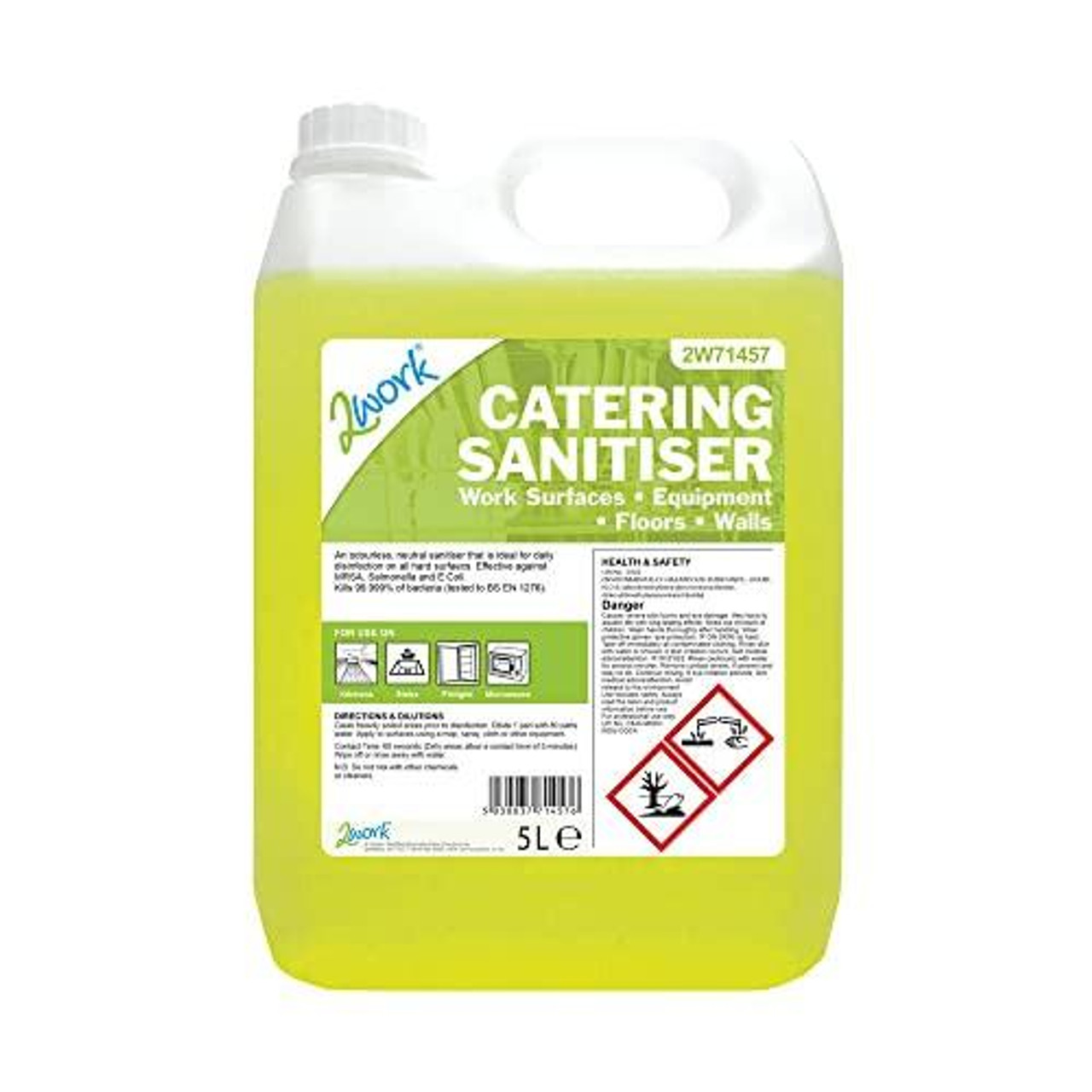 2Work Catering Sanitiser Odourless 5 Litre Bottle, bright yellow container with a label displaying product details and safety symbols.