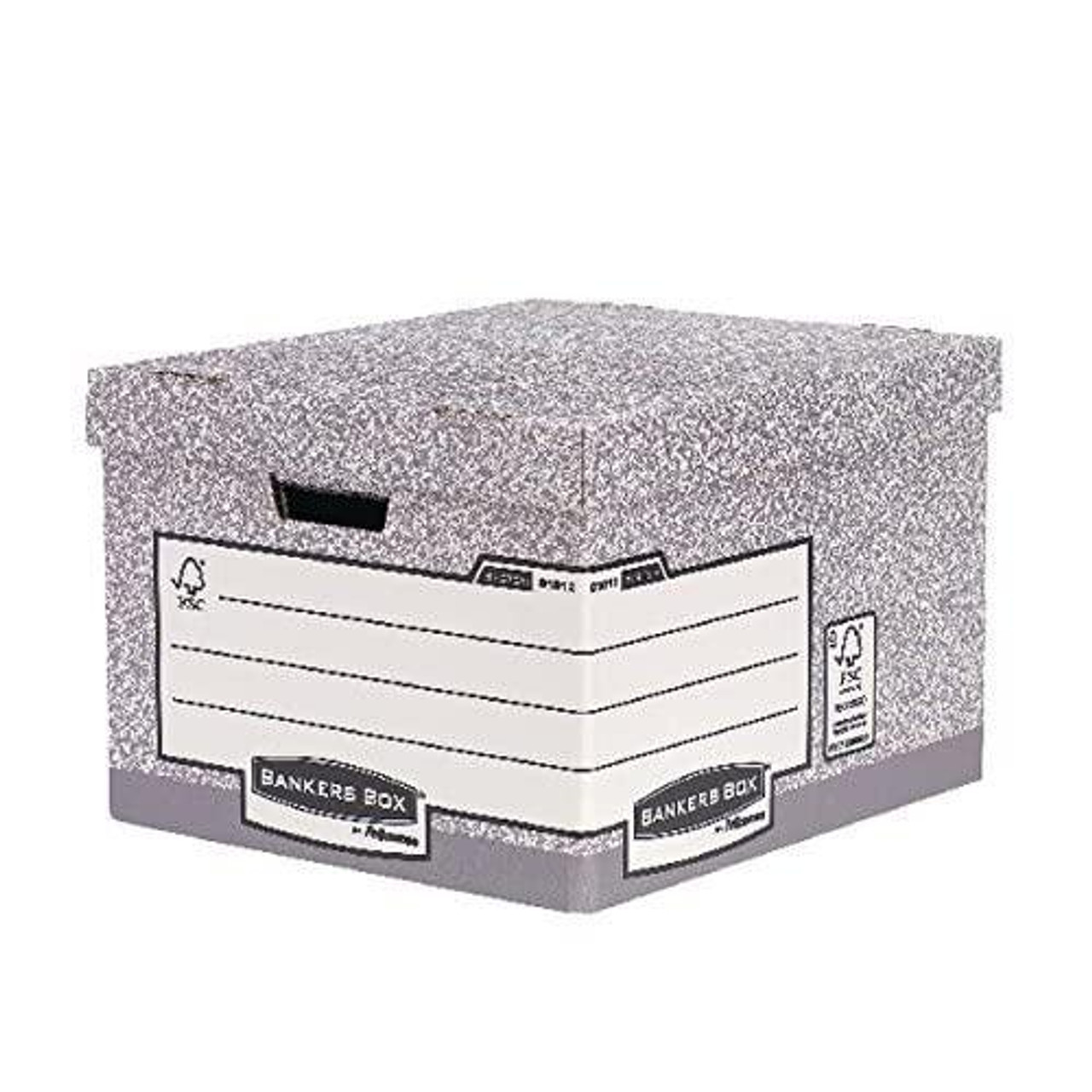 BANKERS BOX 10 System Heavy Duty Large Storage Box with Lids, grey cardboard storage boxes with handles, archive boxes with lids measuring W38 x H28.7 x D43cm, pack of 10 for office storage and archiving.