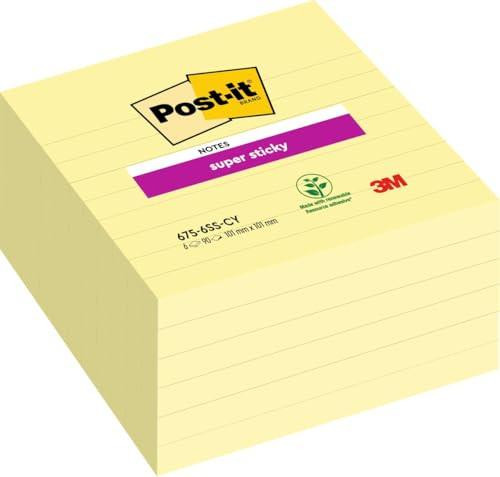 Post-it Super Sticky Large Notes, Lined, Canary Yellow, Pack of 6 Pads, 101 mm x 101 mm, 90 Sheets per Pad - Extra Sticky Notes for Walls, Monitors and Fridge, showing a stack of yellow lined sticky notes with label and branding.
