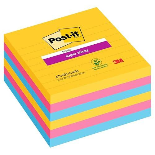 Post-it Super Sticky Notes, Carnival Collection, Lined, Large Size XL, Pack of 6 Pads, 90 Sheets per Pad, 101 mm x 101 mm - Extra Sticky Notes for Walls, Monitors and Fridge, stacked in colorful pads in yellow, pink, blue, and purple design