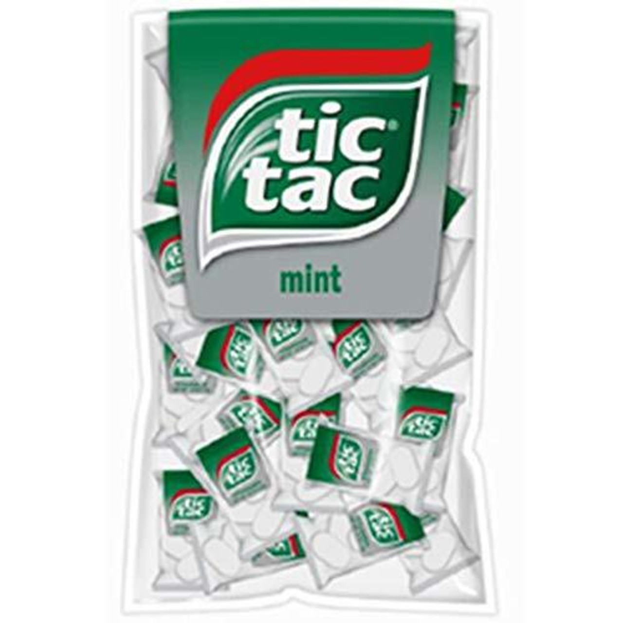 Tic Tac Mint Drops [Pack 100], a clear plastic bag filled with small individual mint-flavored Tic Tac drop packets featuring green and white packaging and the Tic Tac logo.