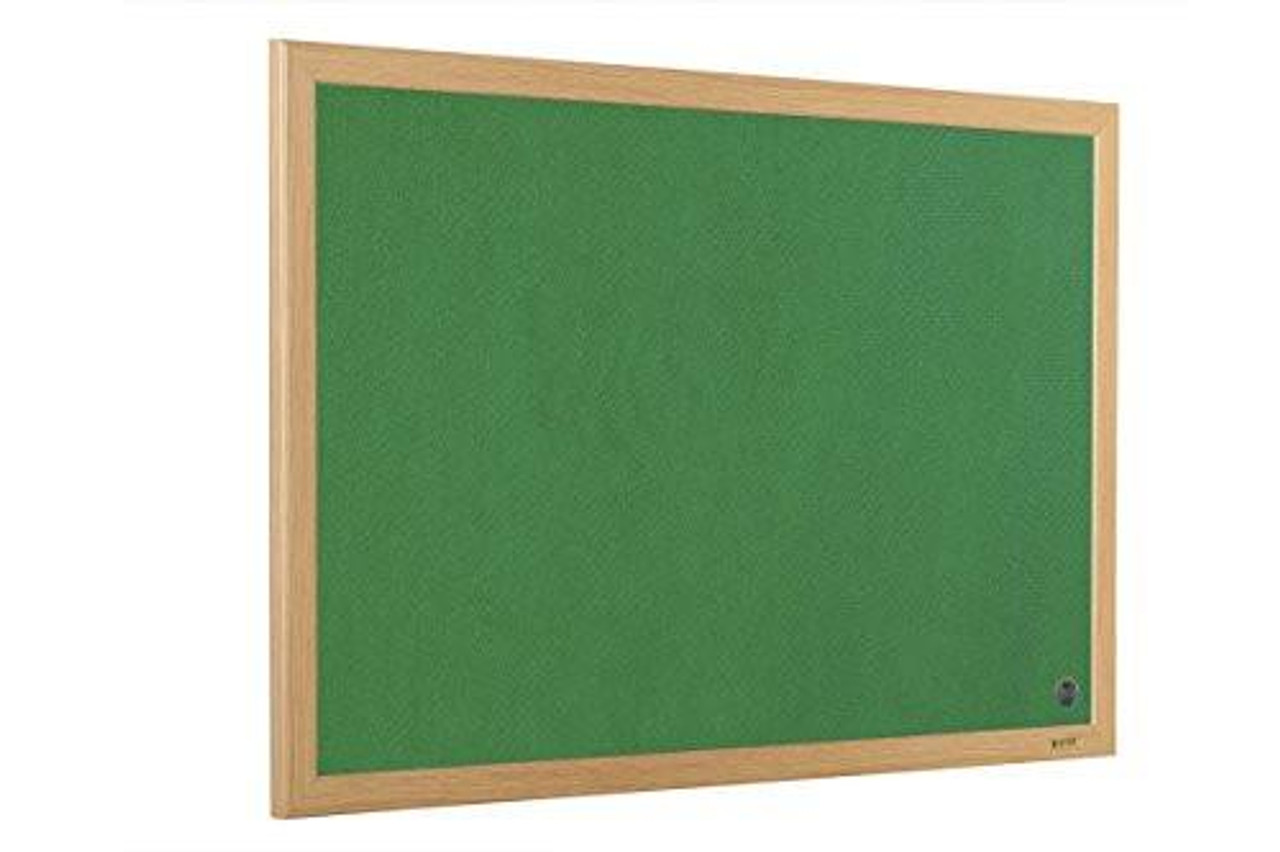 Bi-Office FB1444239 Felt Earth It Executive Oak Effect Frame 1200 mm x 900 mm (Green), green felt bulletin board with oak-effect wooden frame.