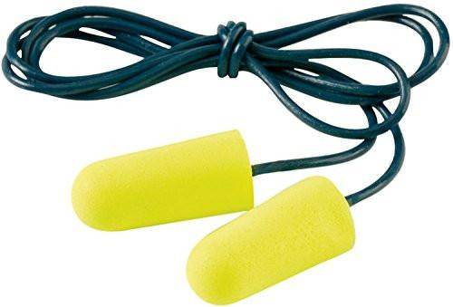 3M E-A-R Soft Yellow Neon Earplugs ES-01-005, 36 dB, Corded - Foam plugs with vinyl cord for high hearing protection and comfort - 1x 200 Pairs, showing yellow foam earplugs connected by a black vinyl cord.