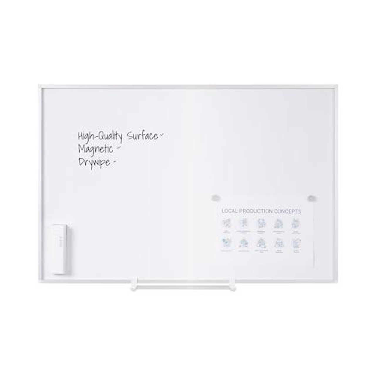 Bi-Office New Generation Whiteboard, Lacquered Steel, 90 x 60 cm, White Surface, Aluminium Frame, with markers and magnets on the white surface for presentations and note-taking.