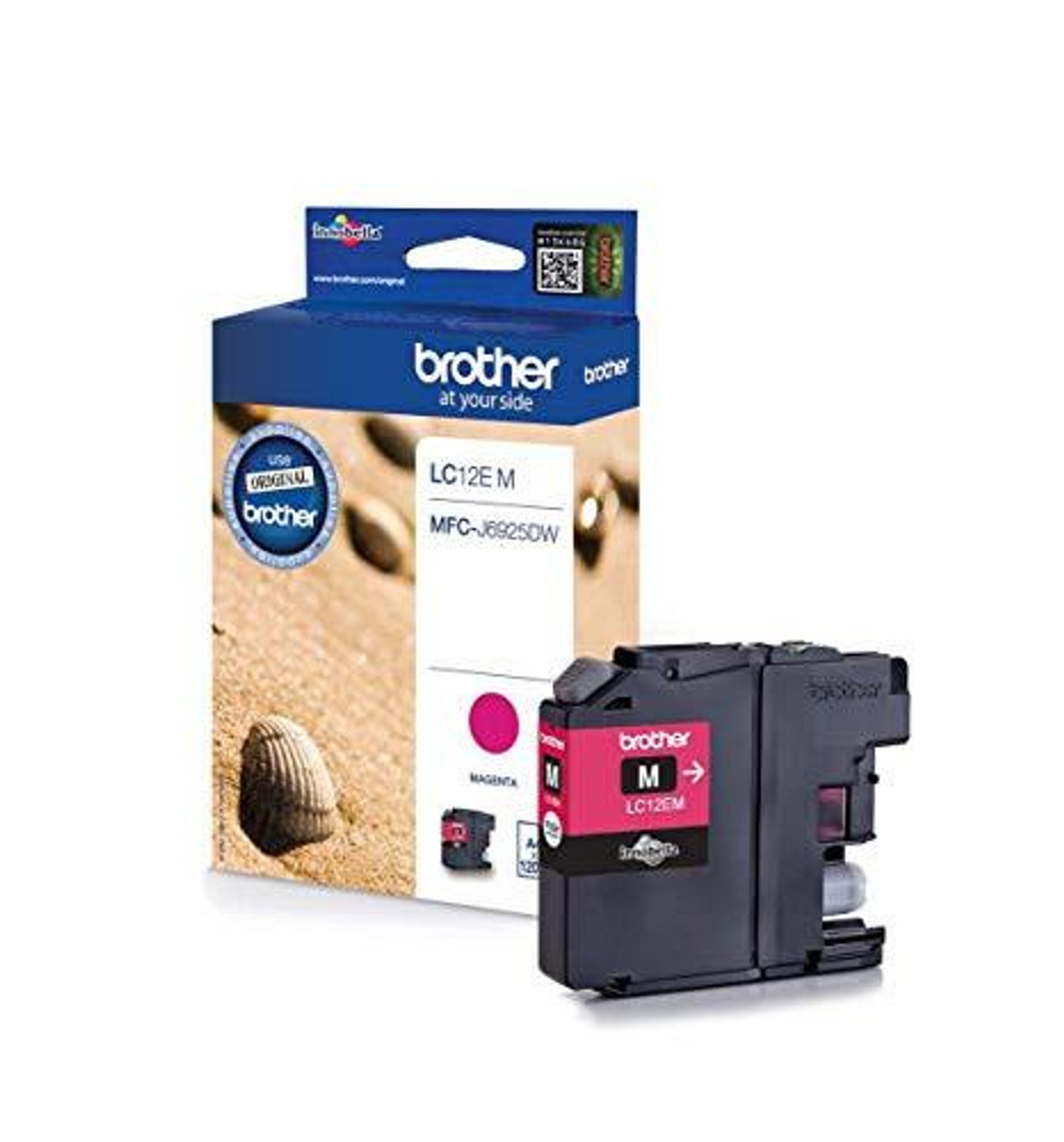 Brother LC-12EM Inkjet Cartridge, Magenta, Single Pack, Super High Yield, Includes 1 x Inkjet Cartridge, Brother Genuine Supplies, shown next to its packaging.