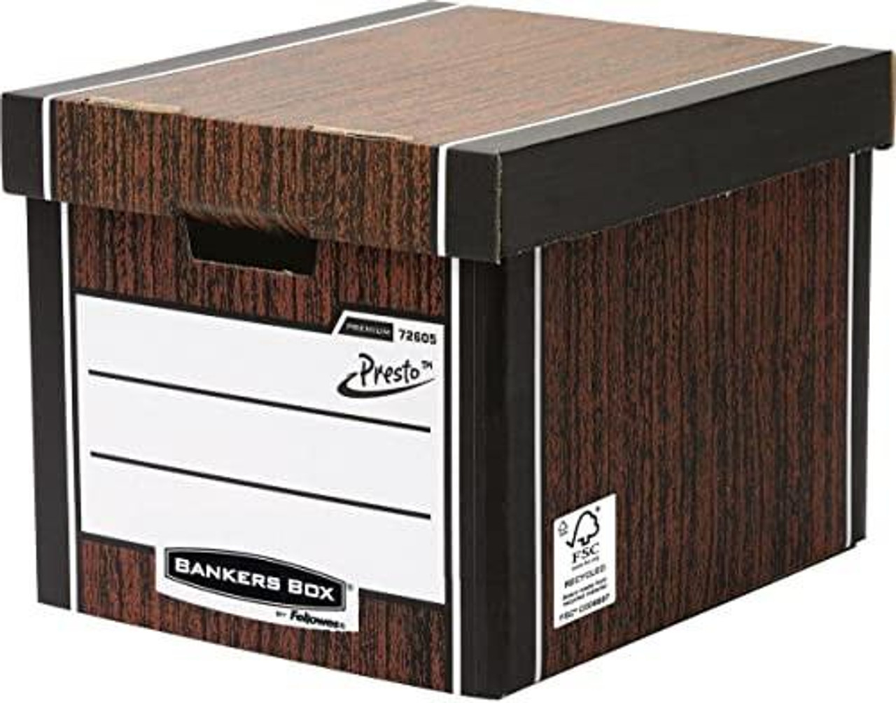 Fellowes Premium Brown File Container, a compact wooden box with a white label area and FSC certification sticker for organized file storage.