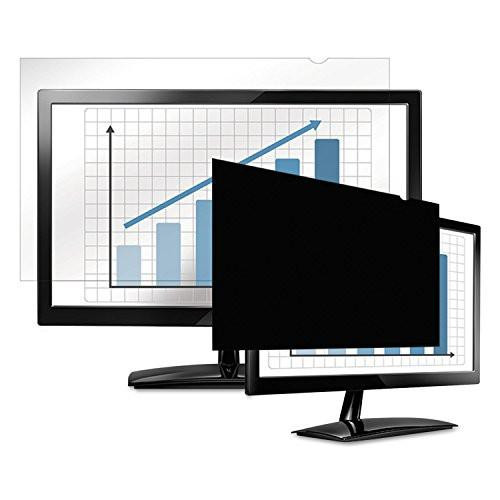 Fellowes PrivaScreen Anti Glare Black Privacy Filter & Screen Protector for Monitor/Computer/Apple iMac, 27'' Inches 16:9 Widescreen, easy attach and removal with quick reveal tabs, image of a monitor with privacy filter installed.