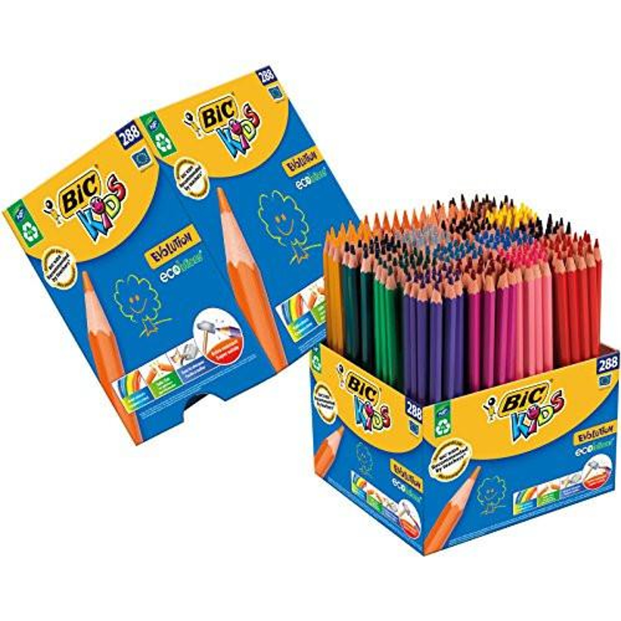 BIC Kids Evolution Coloured Pencils, Vivid Colouring Pencils, Easy to Sharpen, Extra Resistant BIC Pencils, School Supplies, 288 Pack, colorful set of assorted coloured pencils in a box.