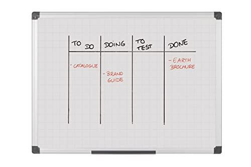 Bi-Office Maya Gridded Magnetic Aluminium Framed Whiteboard 90x60, whiteboard with grid lines and handwritten notes divided into 'To Do', 'Doing', 'To Test', and 'Done' sections.