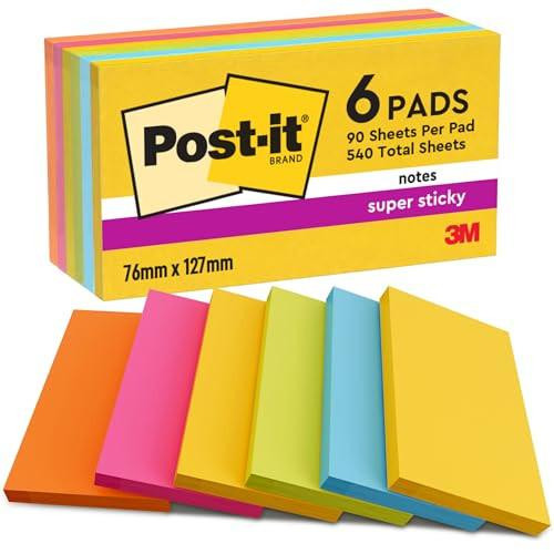 Post-it Super Sticky Notes Carnival Color Collection, Pack of 6 Pads, 90 Sheets per Pad, 76 mm x 127 mm, Yellow, Blue, Green, Pink, Orange Colors - Extra Sticky Notes for Note Taking & To Do Lists, with colorful sticky notes and packaging