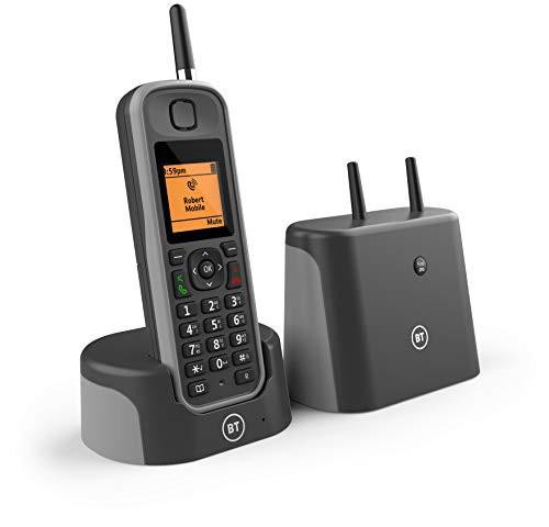 BT Elements Cordless Landline House Phone with 1 km Range, IP67 Rated, Nuisance Call Blocker, Answer Machine, Single Handset Pack, showing a gray cordless phone with a digital display and a matching charging base, along with a separate power adapter.