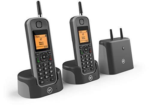 BT Elements Cordless Landline House Phone with 1 km Range, IP67 Rated, Nuisance Call Blocker, Answer Machine, Twin Handset Pack, two black cordless phones with charging bases and a black power adapter.