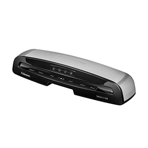 Fellowes Saturn 3i A3 Small Office Laminator, black and silver, with 80-125 micron lamination capacity, rapid 1-minute warm-up, includes 10 free pouches, ideal for small office lamination needs.