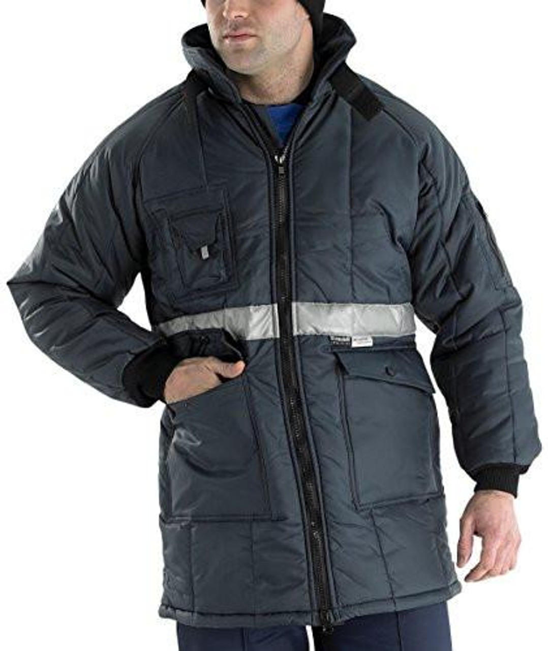 COLDSTAR FREEZER JACKET NAVY BLUE XXL, men's navy blue insulated winter jacket with multiple pockets, reflective strip, and zip-up front.