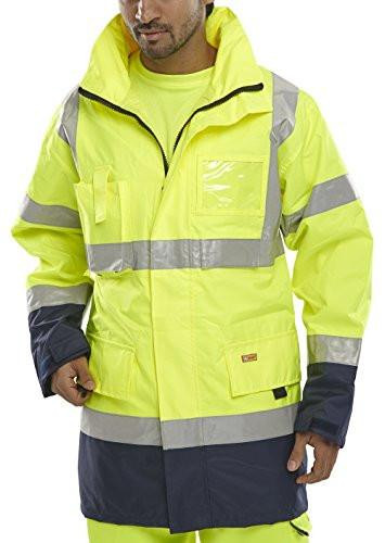TWO TONE BREATHABLE TRAFFIC JACKET SATURN YELLOW / NAVY XXXXL, front view of a male model wearing a high-visibility safety jacket with yellow and navy blue colors, reflective strips, and multiple pockets for traffic safety.