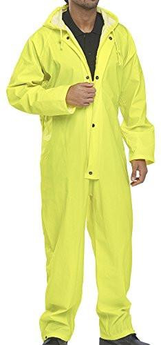 NYLON B-DRI COVERALL SATURN YELLOW XL, front view of a man wearing a bright yellow waterproof coverall with a hood, zipper and snap button closure, designed for protection against wet conditions.
