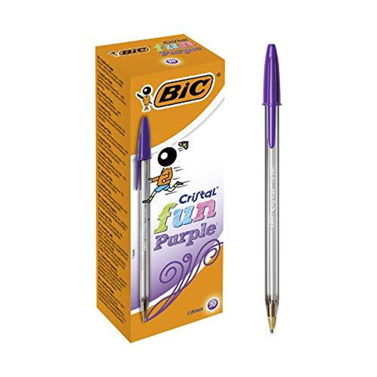 BIC Cristal Fun, Ballpoint Pens, Smudge-Proof Writing Pens and Wide Point (1.6 mm), Ideal for School, Purple Ink, Pack of 20, with a purple pen next to the orange and purple packaging box.