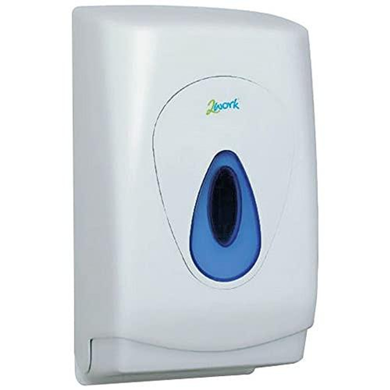 2Work Bulk Pack Toilet Tissue Dispenser, white plastic toilet tissue dispenser with a blue push button and compact design.
