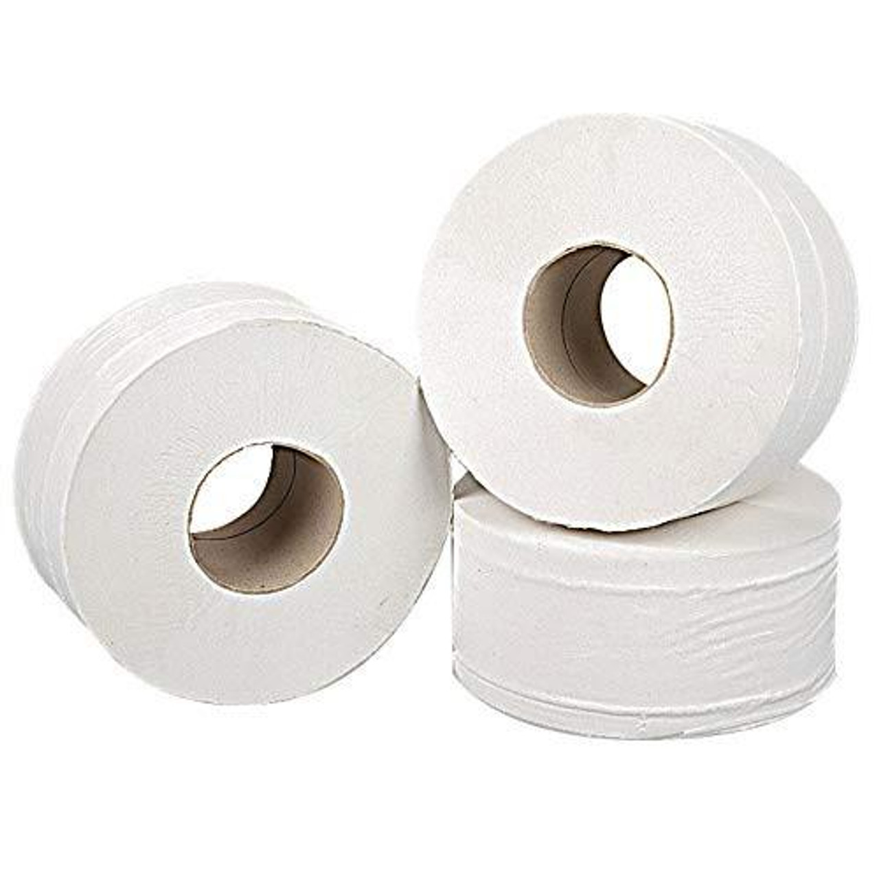 2Work Mini Jumbo Toilet Roll 2-Ply White 92mmx200m Core 76mm (Pack of 12) 2W70323, image of four white mini jumbo toilet rolls stacked together.