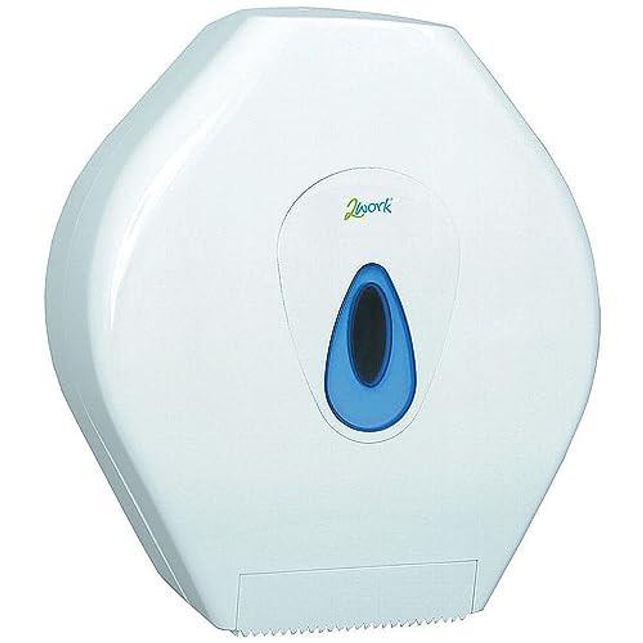 2Work CT34014 Mini Jumbo Toilet Roll Dispenser, white compact wall-mounted toilet paper holder for commercial and domestic use.