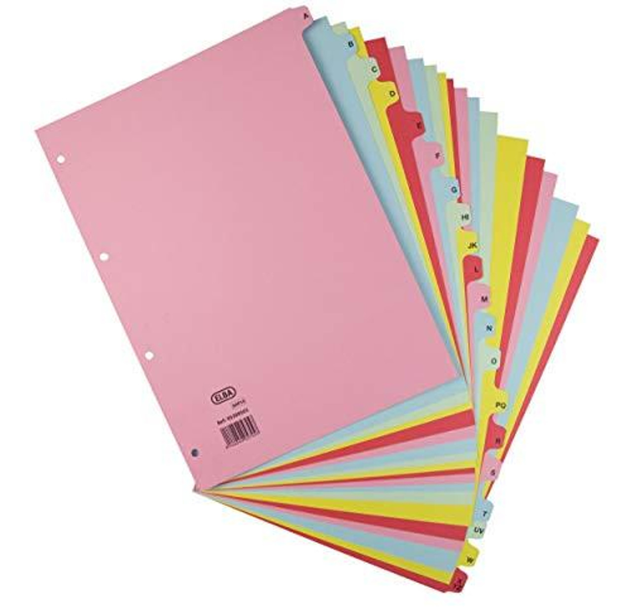 Elba Card Dividers Europunched 160gsm A-Z 20 Part A4 Assorted, set of colorful index dividers with alphabet labels and holes for binding.