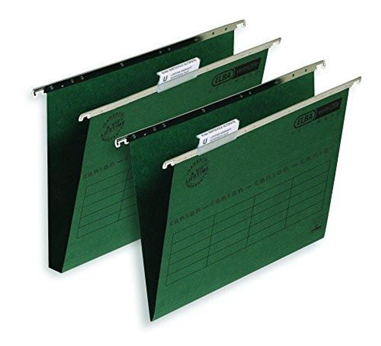 Elba Ultimate Foolscap Manilla Suspension Files, 30mm Base, 240 gsm - Dark Green, Pack of 50, featuring sturdy metal suspension rods and high-quality manilla material for organizing documents.