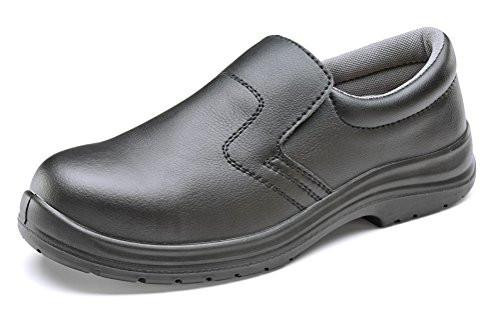 MICRO-FIBRE SLIP ON SHOE S2 BLACK 07, a black slip-on shoe made of microfibre material with cushioned interior for safety footwear.