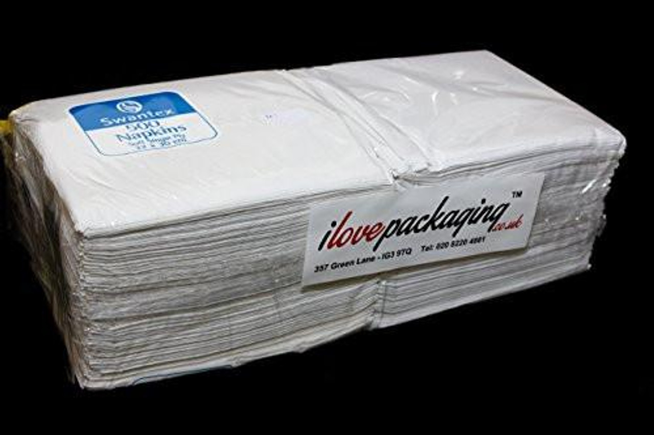 BulkySoft Paper Napkins 300mm 1-Ply White, stack of white disposable napkins in package.