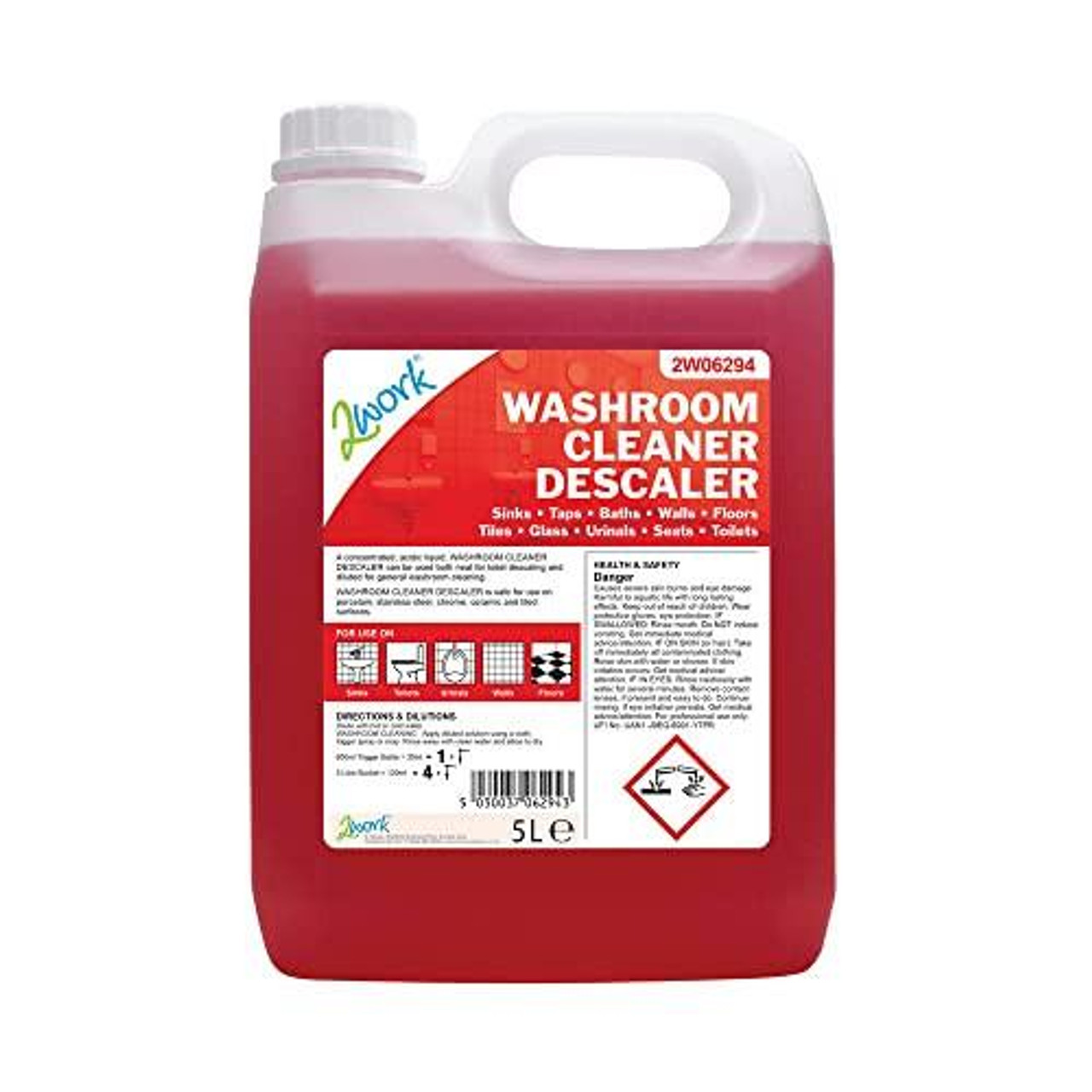 2Work Washroom Cleaner and Descaler 5 Litre, red liquid in a plastic jug with a handle and white cap, featuring a red and white label with product details.