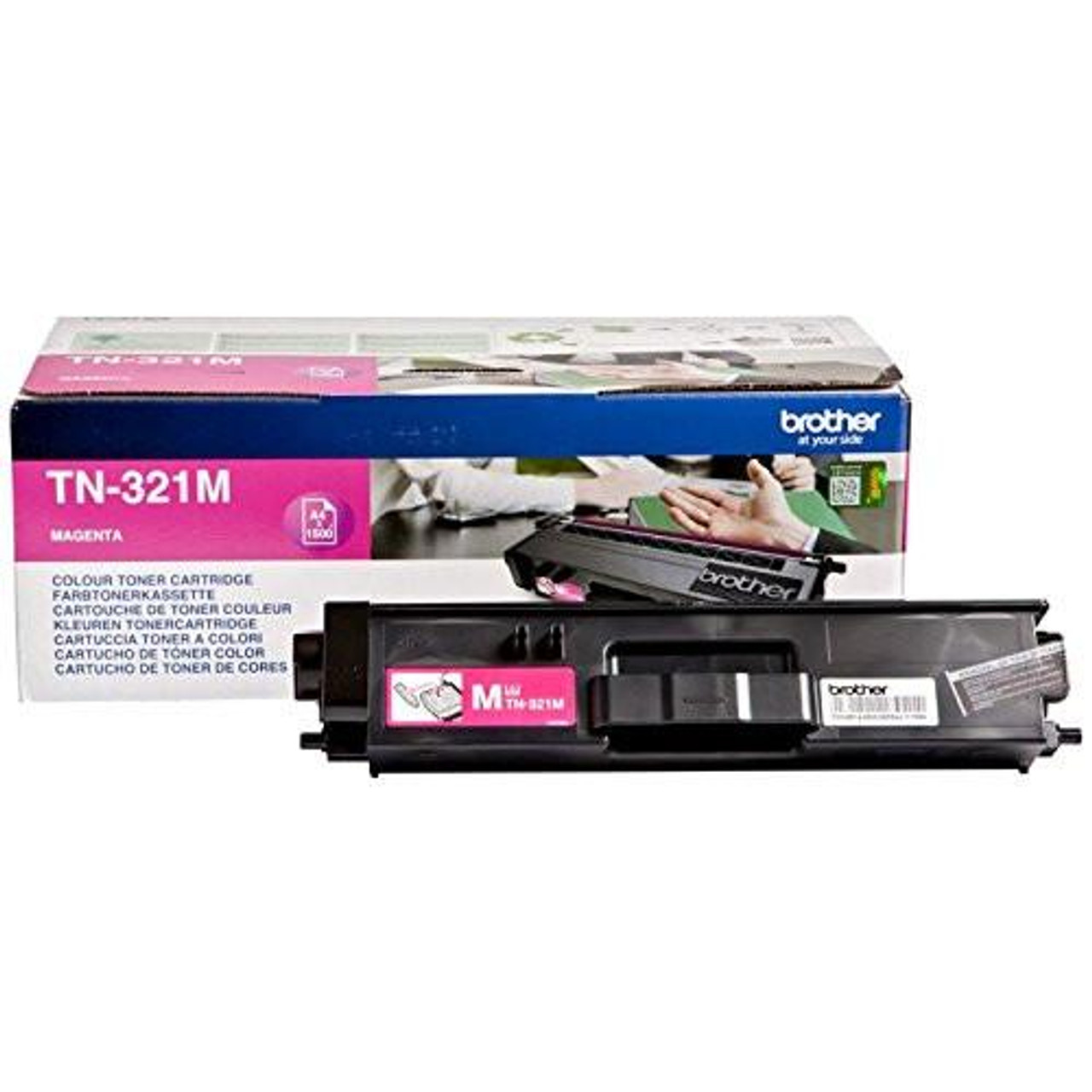 Brother TN-321M Laser Toner - Magenta, packaged toner cartridge with black plastic body and magenta label, compatible with Brother laser printers.