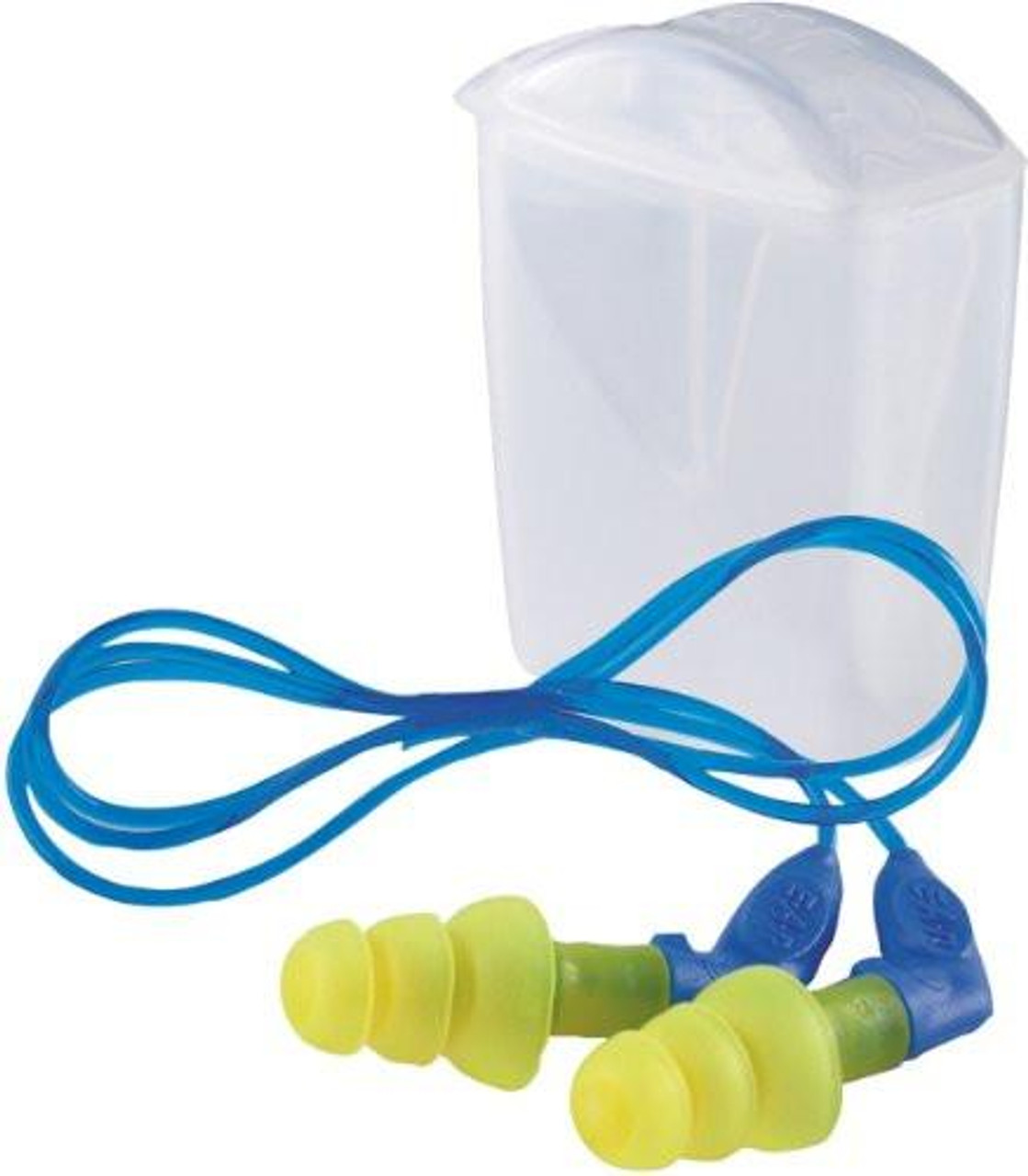 3M UF01014 ear plugs E-A-R Ultrafit X with cord, SNR 35 dB, 50 pairs, in a transparent storage case with blue cords and yellow ear tips for superior hearing protection in noise-sensitive environments.