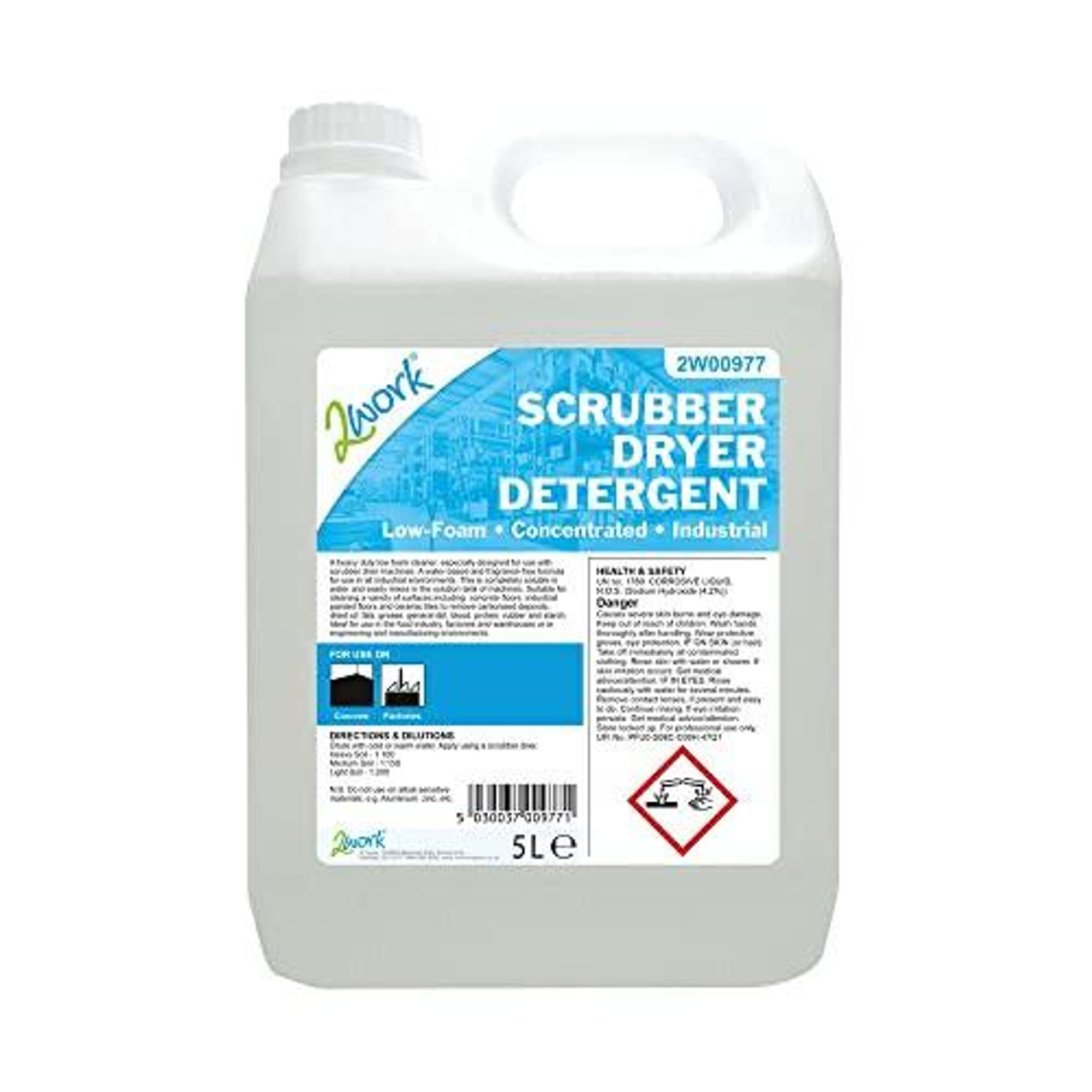 2Work Low Foam Scrubber Dryer Detergent Fragrance-Free 5 Litre, a white plastic container with a blue label indicating product details and usage instructions.