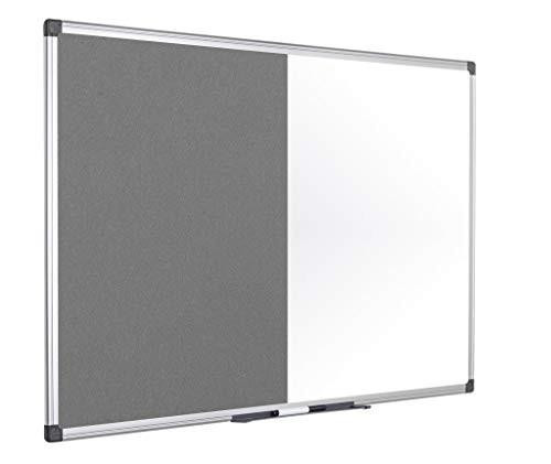 Bi-Office Combination Board Maya, Grey Felt/Magnetic, Aluminium Frame, 120 x 90 cm, image of a dual-sided whiteboard with grey felt surface on one side and smooth white surface on the other, framed in silver aluminum.