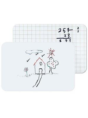 6 Pack of A4 Size Plain Laptop Dry Wipe Whiteboard - Double Sided - Classroom Use, image showing two whiteboards with grid pattern and colorful childlike drawings.