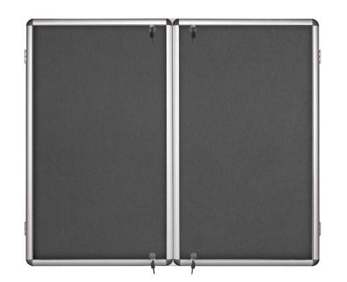 Bi-Office Indoor Double Door Display Case 2400 x 1200 Grey Felt Pin Board with Aluminium Lockable Glazed Framing, showcasing a sleek, lockable glass display with grey felt pin board surface on double doors.