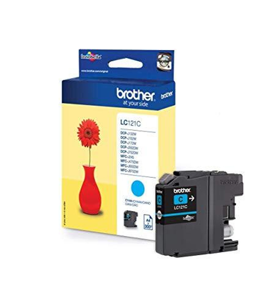 Brother LC-121C Inkjet Cartridge, Cyan, Single Pack, Standard Yield, Includes 1 x, Brother Genuine Supplies, with product packaging and cartridge visible.