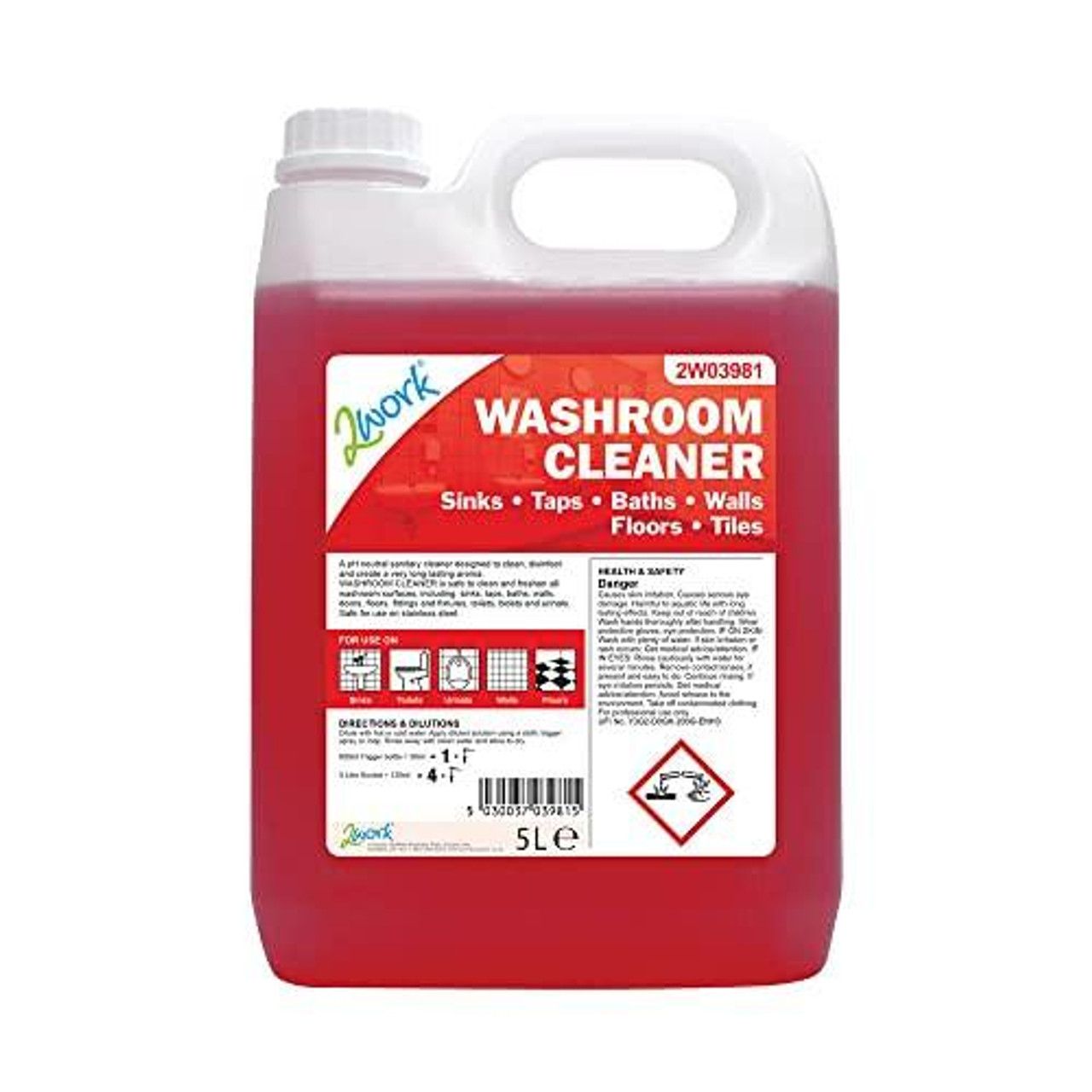 2Work Washroom Cleaner Concentrate Odourless 5 Litre Bulk Bottle, red cleaning solution container with label indicating its use for sinks, taps, baths, walls, floors, and tiles.