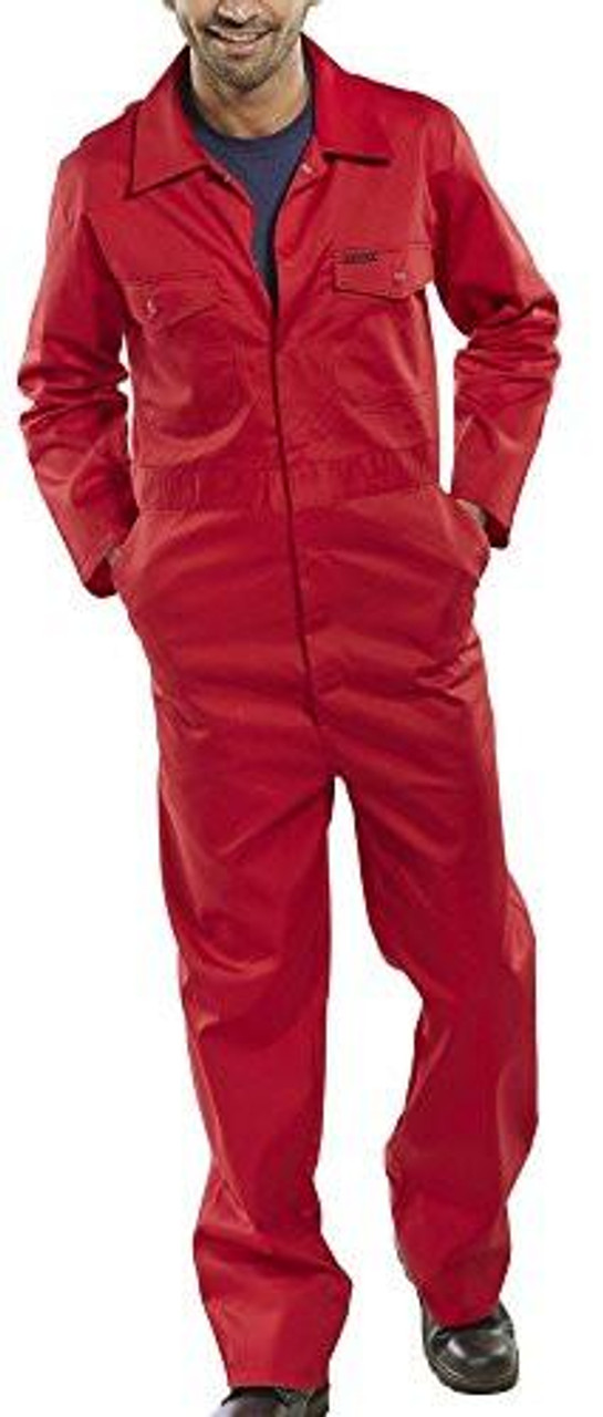 Beeswift PCBSRE38 CLICK BOILERSUIT RED 38, a man wearing a red click boilersuit with front pockets and zipper closure.